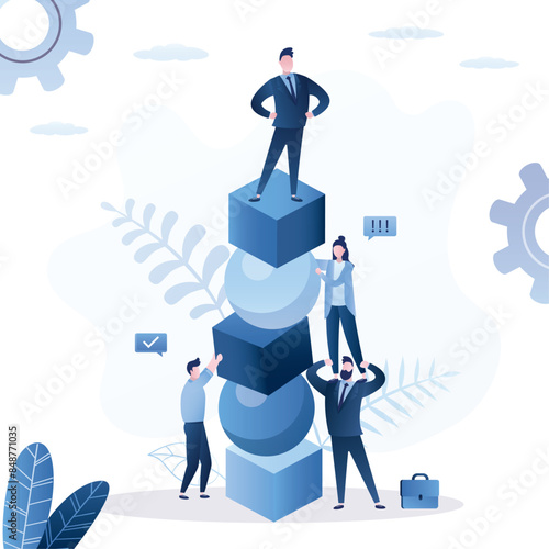 Instability, stack of blocks, lack of balance, risk management. Business team help company development at global uncertainty. Financial support, protection of stable business.