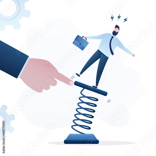Volatility from external factors. Giant hand swings metal spring. Businessman balancing on an unstable spring. Poor financial condition, pre-bankruptcy, crisis, work problems.