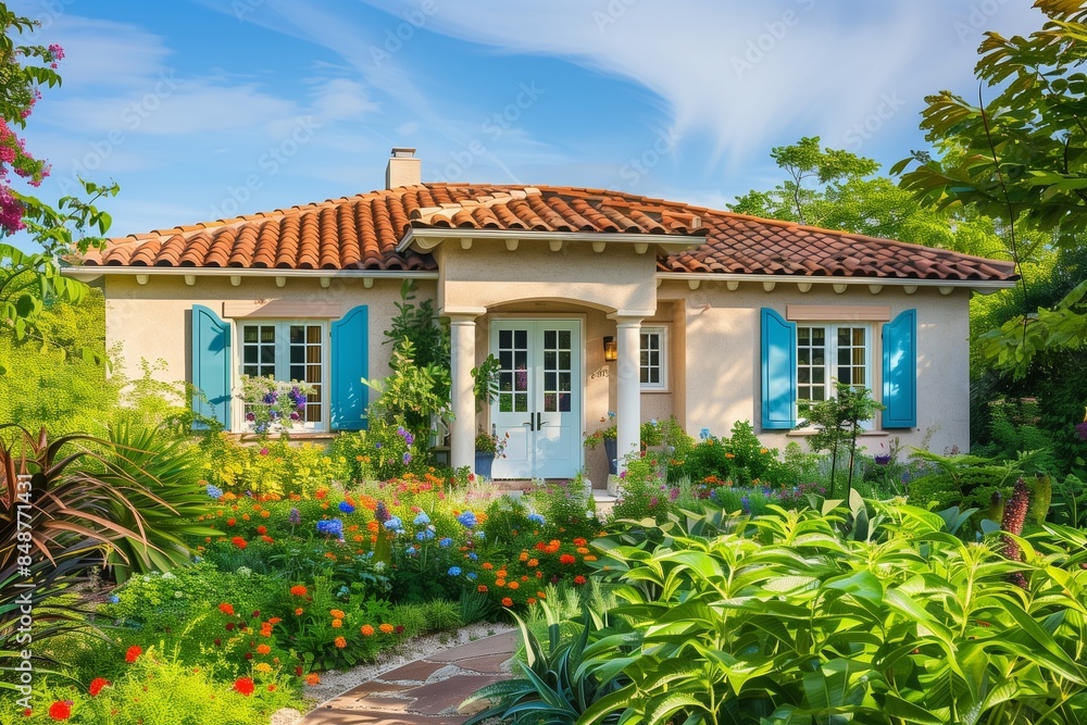 Fototapeta premium A Mediterranean-style suburban home with a stucco exterior, terracotta roof, blue shutters, and a white front door, nestled in a garden with vibrant green foliage and colorful flowers.