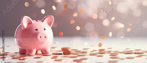 Savings Concept with Pink Piggy Bank and Falling Coins on White Background