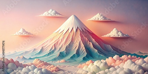Chimborazo volcano with snow in delicate paper art style, featuring soft pastel colors, Chimborazo, volcano, snow