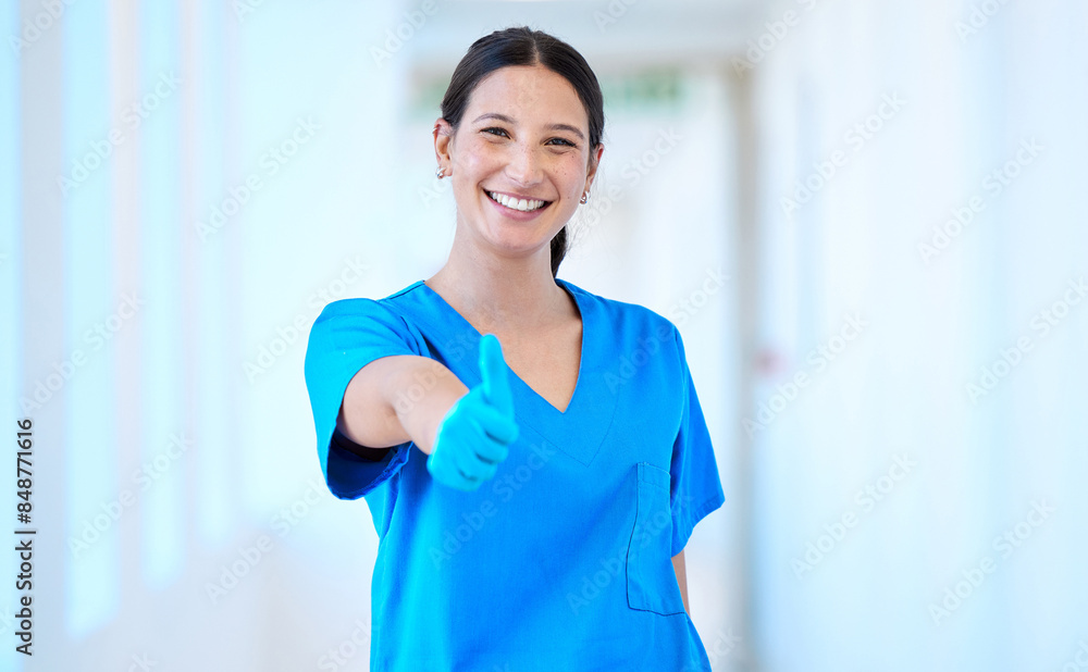 Thumbs up, doctor and portrait of woman in hospital for celebration with surgery success and support for healthcare. Female person, medical expert and hand with yes emoji for positive test results Thumbs up, doctor and portrait of woman in hospital for celebration with surgery success and support for healthcare. Female person, medical expert and hand with yes emoji for positive test results