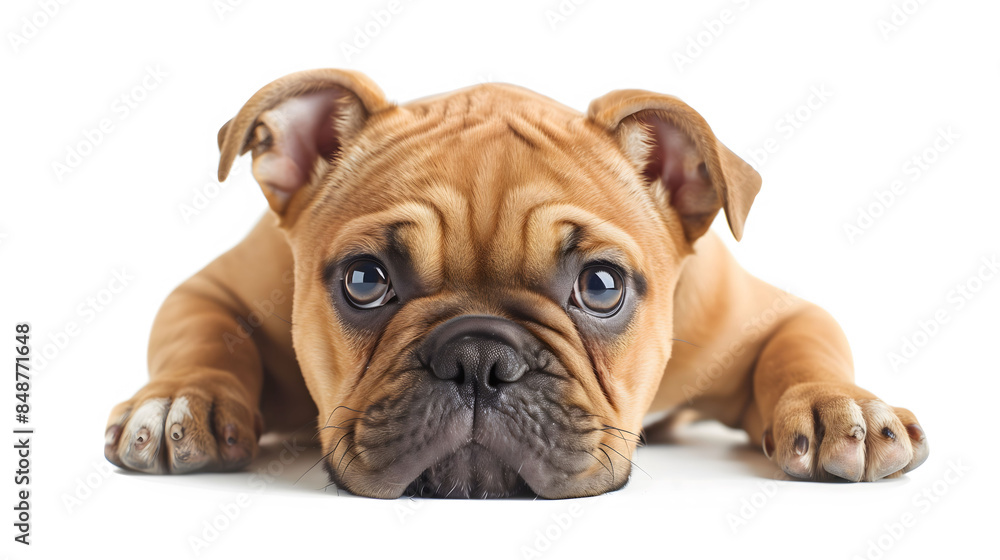 Bulldog with wrinkled face isolated on white background, showcasing its strong and sturdy build Bulldog with wrinkled face isolated on white background, showcasing its strong and sturdy build
