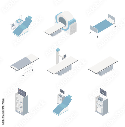 Medical elements isometric set. MRI clinic equipment icons.