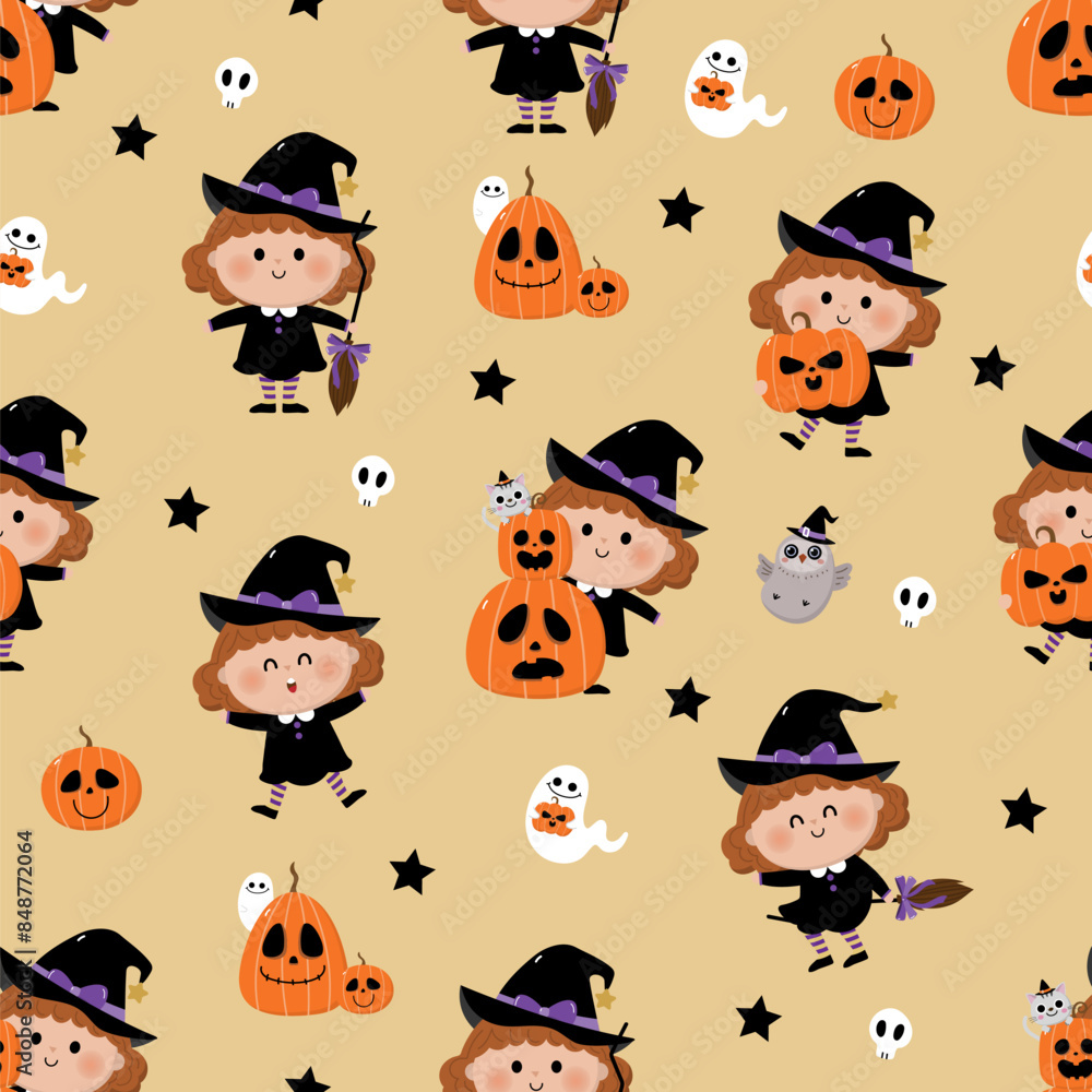 Cute witch, pumpkin, ghost and owl seamless pattern. Halloween cartoon character background. -Vector Cute witch, pumpkin, ghost and owl seamless pattern. Halloween cartoon character background. -Vector
