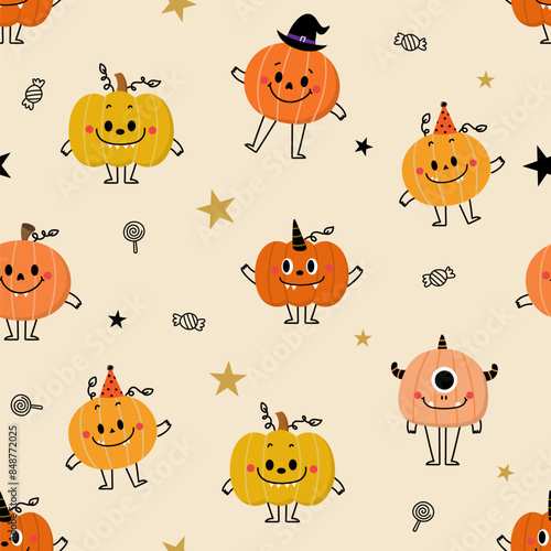 Happy halloween seamless pattern and background with cute monster pumpkin and ghost. Holidays cartoon character. -Vector