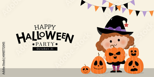 Happy halloween greeting card with cute witch, spooky pumpkin and ghost. Holidays cartoon character vector