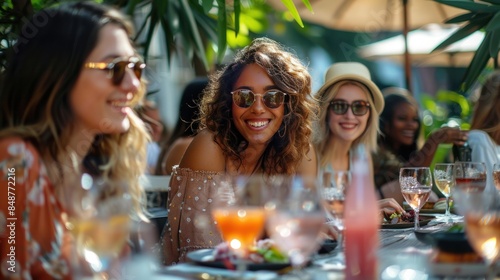 A diverse group of women attend a stylish brunch outing. An outdoor cafe hosts a group of diverse female friends enjoying a fashionable brunch outing with wine.