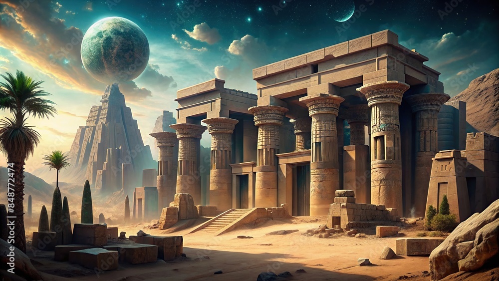 Mysterious alien ruins inspired by ancient Egyptian architecture with a ...