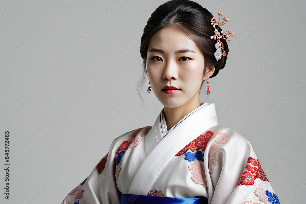 Korean woman clad in a richly embroidered traditional Hanbok Korean woman clad in a richly embroidered traditional Hanbok