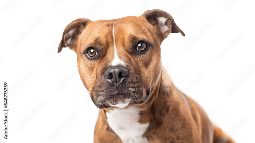 Friendly Staffordshire Bull Terrier dog isolated on white background, with muscular build and alert eyes Friendly Staffordshire Bull Terrier dog isolated on white background, with muscular build and alert eyes