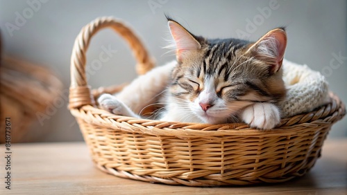A cute cat sleeping in a cozy basket , cat, basket, cozy, pet, feline, adorable, relaxation, comfortable, nap, domestic, soft