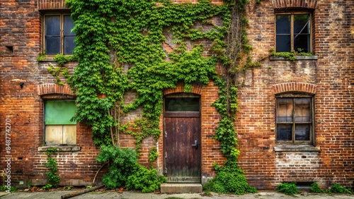 Old brick building with weathered paint and ivy growing on the walls, old, building, architecture, historical, vintage, brick, weathered © joompon