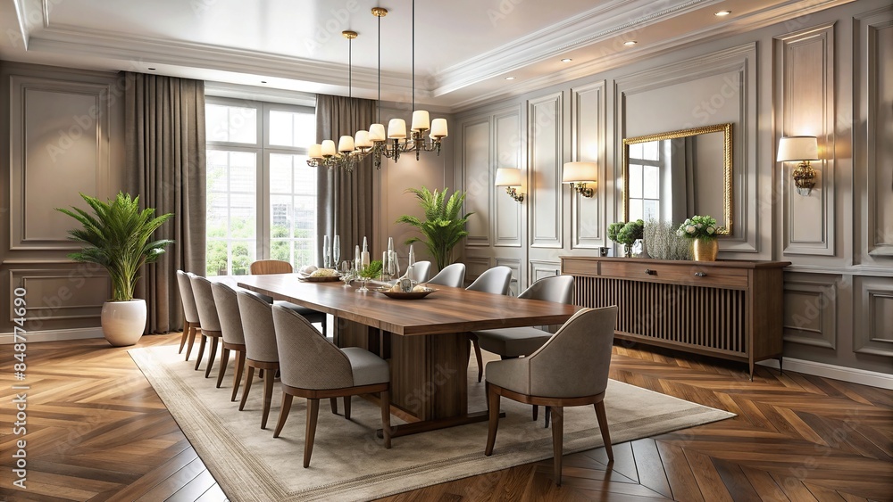 Elegant dining room with a long wooden table and stylish decor, elegant, dining room, table, wooden, stylish, decor, interior