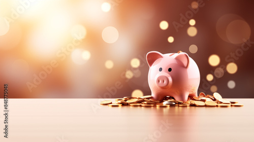 Savings Concept with Pink Piggy Bank and Falling Coins on White Background