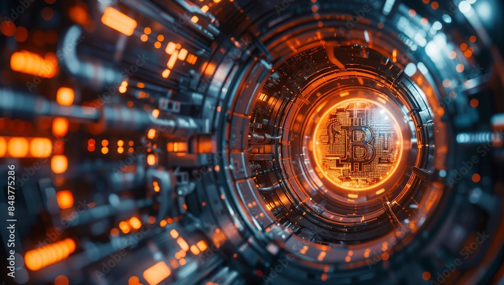 Glowing holographic vault filled with digital currency, Sci-fi, Blue and Silver, Digital Illustration Glowing holographic vault filled with digital currency, Sci-fi, Blue and Silver, Digital Illustration
