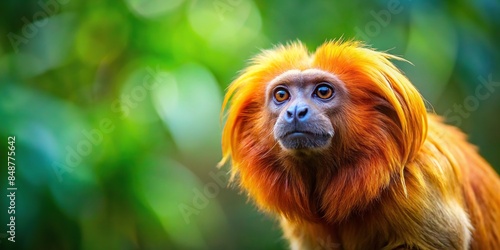 Golden lion tamarin gazing at the vibrant forest scenery, wildlife, endangered species, Brazil, rainforest, jungle, colorful photo
