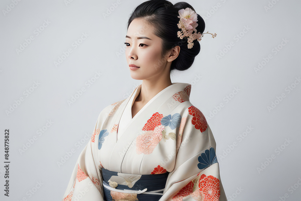 A serene portrait of a woman in traditional Japanese attire A serene portrait of a woman in traditional Japanese attire