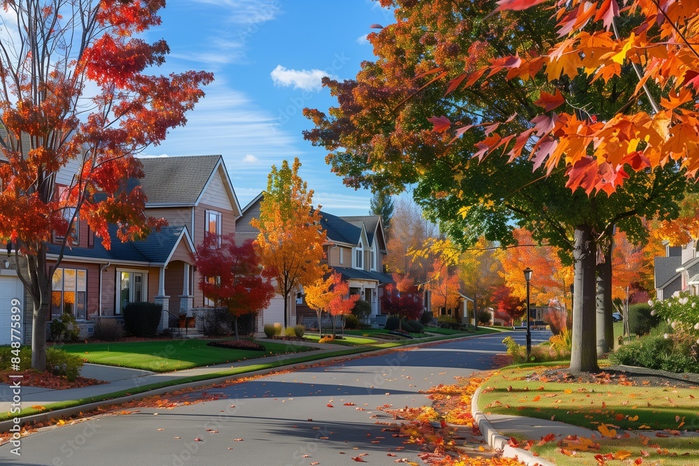Naklejka premium A picturesque suburban neighborhood in autumn, with houses surrounded by trees showcasing vibrant fall foliage, and leaves scattered across the sidewalks and lawns.