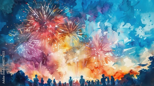 Vibrant watercolor depicting a community gathering together to watch a captivating Fourth of July fireworks display in the night sky  The scene showcases a colorful photo