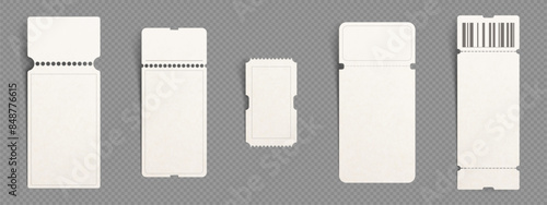 Mockup of coupon or ticket to concert and airplane with paper texture, separation point and barcode. Realistic 3d vector set of white blank vertical discount or lottery raffle voucher template.