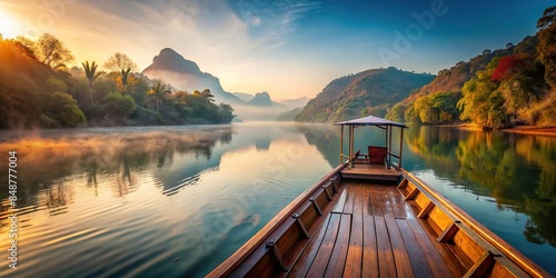 Tranquil morning atmosphere on a boat in Kanchanaburi province during autumn in Thailand , River, boat, Kanchanaburi, province photo