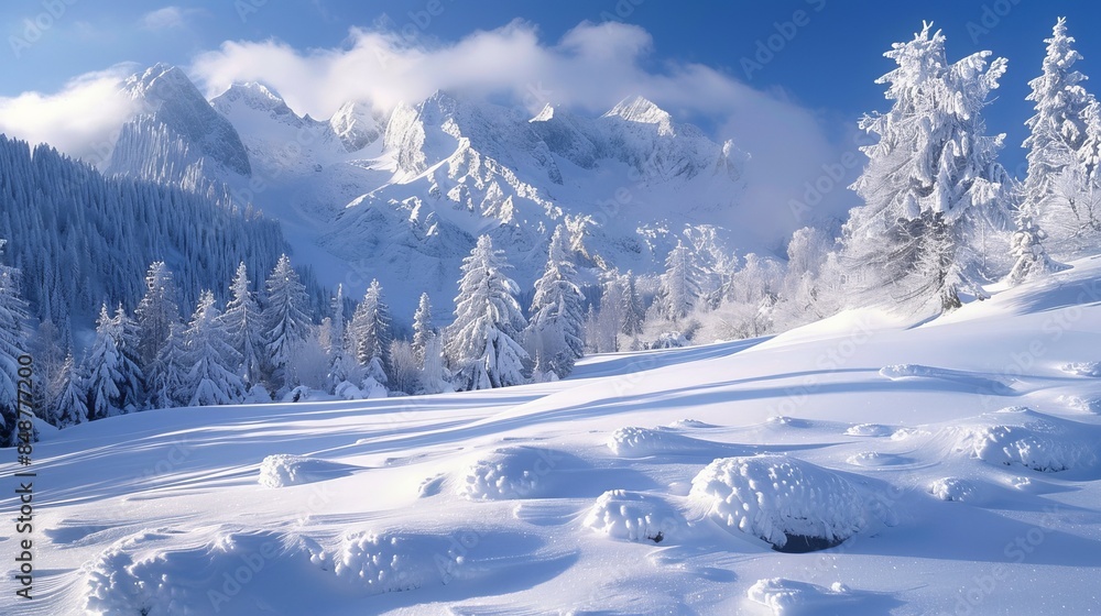 Peaceful Winter Wonderland: Snowy Field with Frosty Trees, Blue Sky, and Fresh Snow, Tranquil Snowy Wilderness: Crisp Winter Scenes, Fresh Snowfall, & Clear Skies in Nature's Beauty Peaceful Winter Wonderland: Snowy Field with Frosty Trees, Blue Sky, and Fresh Snow, Tranquil Snowy Wilderness: Crisp Winter Scenes, Fresh Snowfall, & Clear Skies in Nature's Beauty