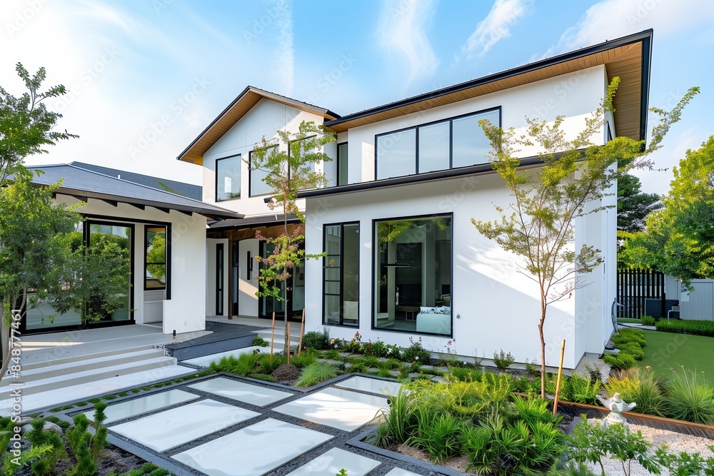 A stylish, minimalist suburban home with a clean white exterior, large windows, and a small, zen-inspired garden in the front. A stylish, minimalist suburban home with a clean white exterior, large windows, and a small, zen-inspired garden in the front.