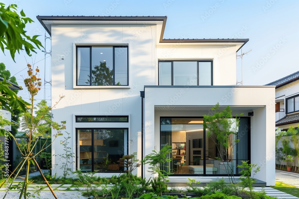 A stylish, minimalist suburban home with a clean white exterior, large windows, and a small, zen-inspired garden in the front. A stylish, minimalist suburban home with a clean white exterior, large windows, and a small, zen-inspired garden in the front.