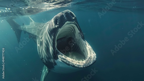 Detailed shot of a basking shark's wide open mouth, filtering plankton, in calm sea waters.