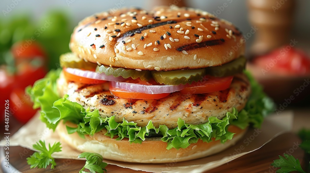 A chicken burger with lettuce, tomato, onion, and cucumber on a bun, topped with lettuce and tomato slices (43 tokens A chicken burger with lettuce, tomato, onion, and cucumber on a bun, topped with lettuce and tomato slices (43 tokens