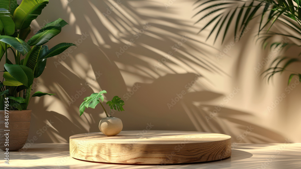 Obraz premium Nature Podium pedestal with leaf shadow for promotion presentation of cosmetics, healthy or beauty product placement pedestal display. Natural showcase product present
