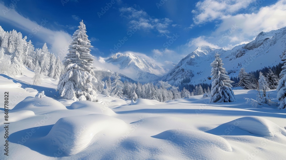 Fototapeta premium Peaceful Winter Wonderland: Snowy Field with Frosty Trees, Blue Sky, and Fresh Snow, Tranquil Snowy Wilderness: Crisp Winter Scenes, Fresh Snowfall, & Clear Skies in Nature's Beauty