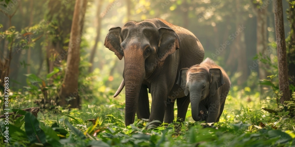 Fototapeta premium World Elephant Day, animal world, sunset, harmonious coexistence of people and animals, nature, green plants, commemoration, festival, culture, belief, HD wallpaper, background, generated by AI