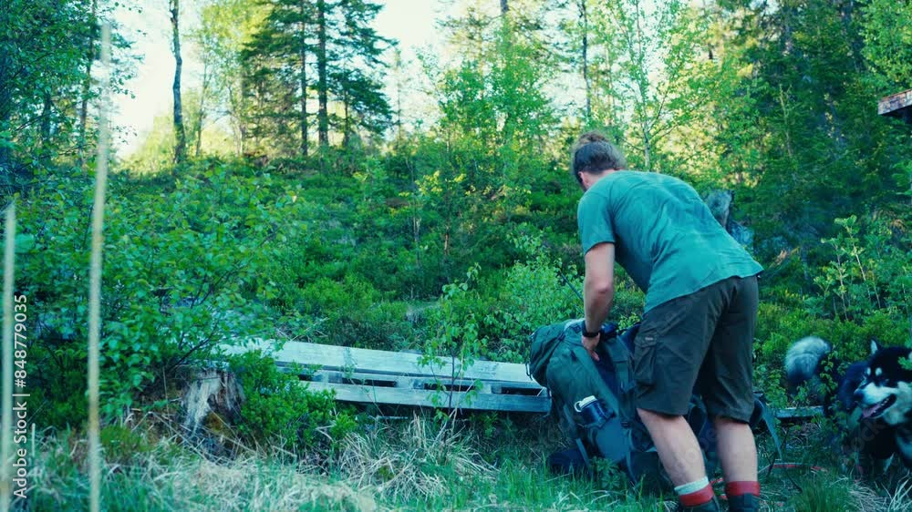 Backpacking Hiker With Alaskan Malamute Resting On The Wooden Bench Amidst Forest. Static Shot Backpacking Hiker With Alaskan Malamute Resting On The Wooden Bench Amidst Forest. Static Shot