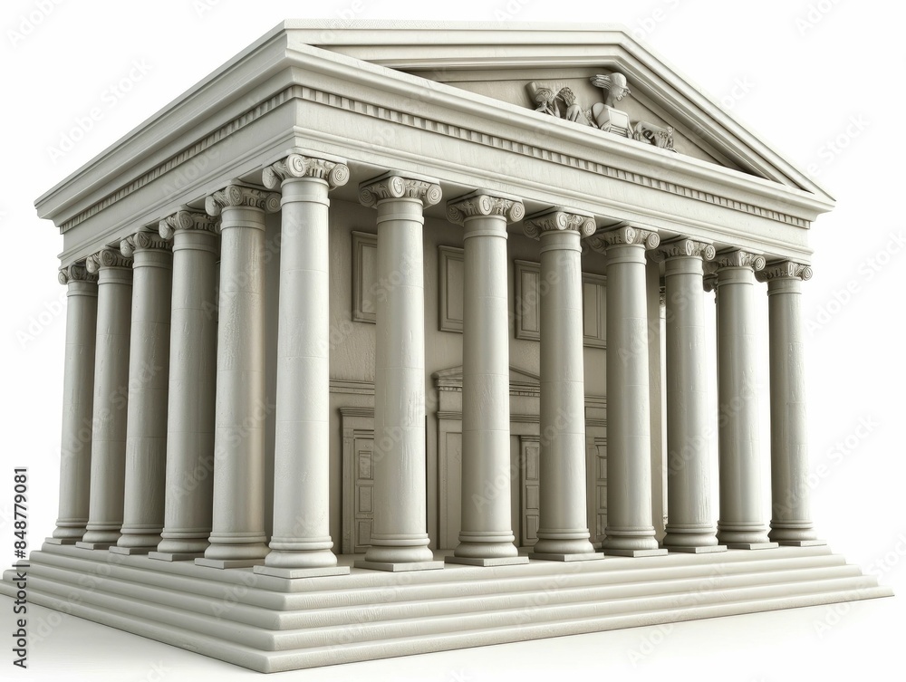 Detailed 3D rendering of a classical bank building with columns pediment and symmetrical facade design against a plain white background This financial institution icon represents finance commerce Detailed 3D rendering of a classical bank building with columns pediment and symmetrical facade design against a plain white background This financial institution icon represents finance commerce