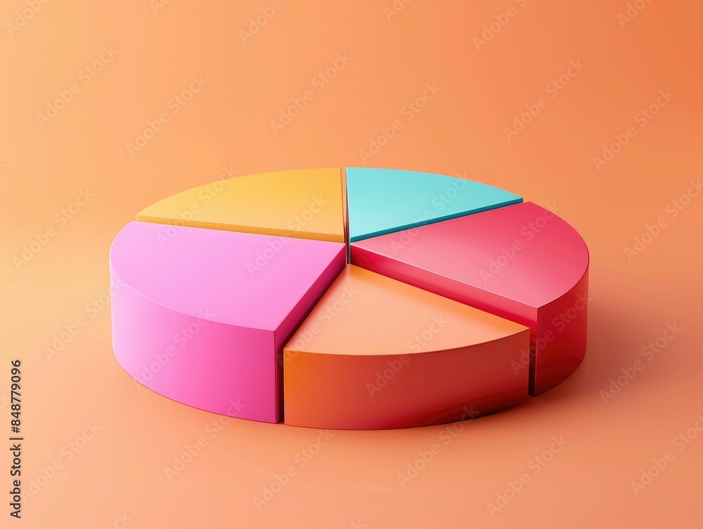 Obraz premium Vibrant 3D pie chart business icon with multicolored segmented design isolated on a pastel orange background Conceptual data visualization financial analysis or infographic element