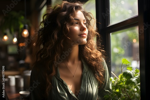 Beautiful young woman looking out the window Lift a coffee cup with one hand to drink in a beautiful green cafe. The natural light from the window made her face much more beautiful. Casual atmosphere