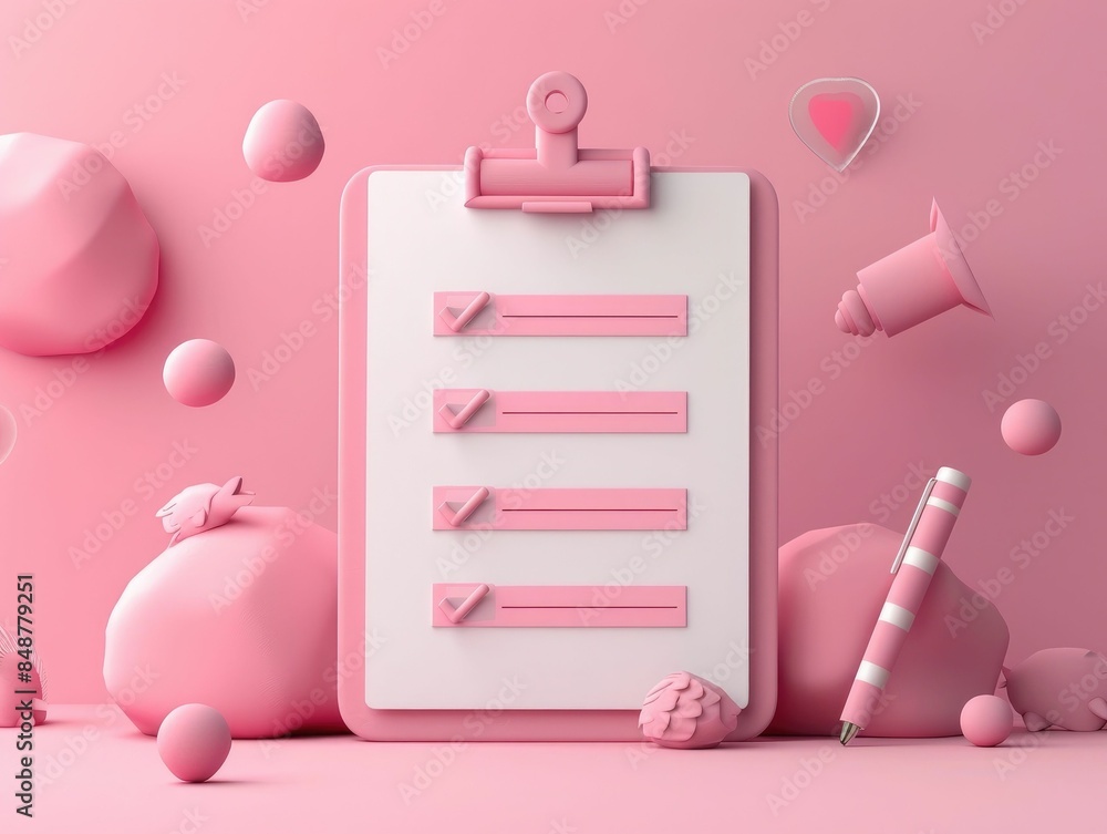 Minimalist 3D business icon of a clipboard with a checklist isolated on a pastel pink studio background Concept of organization planning data management and productivity Minimalist 3D business icon of a clipboard with a checklist isolated on a pastel pink studio background Concept of organization planning data management and productivity