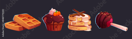 Sweet pastries and candies for cozy autumn design. Cartoon vector waffles with caramel or jam, muffin with chocolate icing and pumpkin decoration, pancakes with syrup and cinnamon, lollipop on stick.