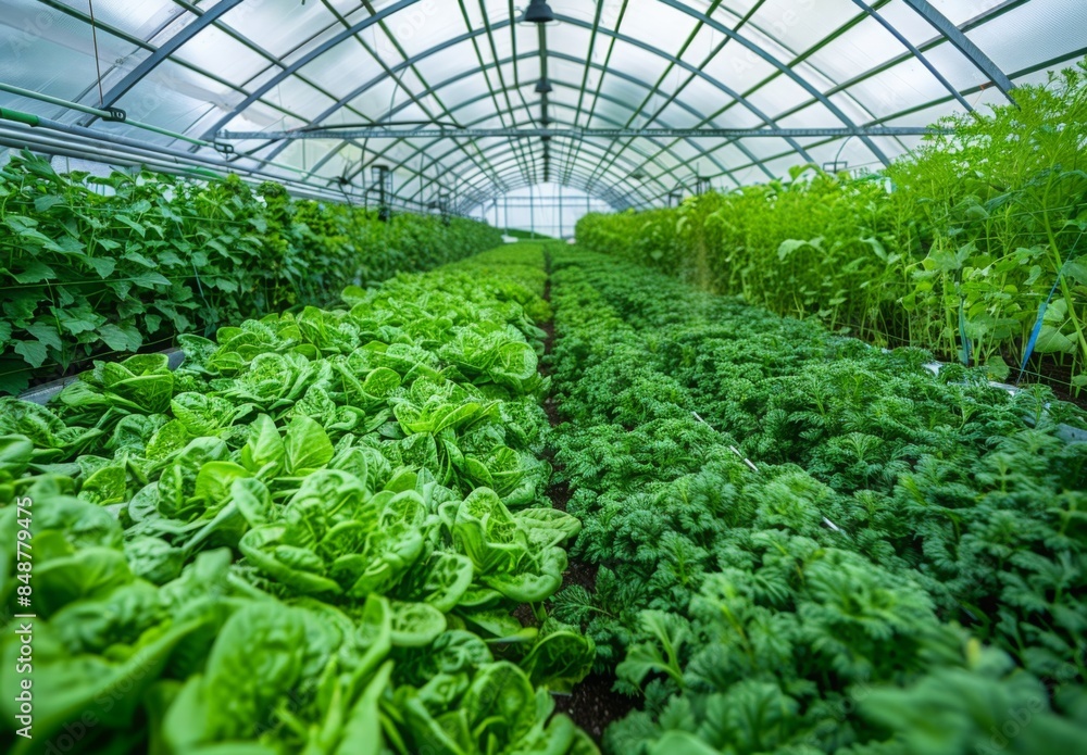 A greenhouse with an automated irrigation system, showing the technological integration in modern agriculture A greenhouse with an automated irrigation system, showing the technological integration in modern agriculture