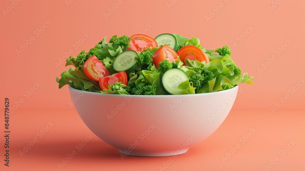 3D Rendered Food Icon Depicting a Bowl Filled with Fresh Salad Greens Sliced Tomatoes and Cucumber Pieces on a Vibrant Pastel Orange Background Conceptual of a Healthy Nutritious Meal or Snack 3D Rendered Food Icon Depicting a Bowl Filled with Fresh Salad Greens Sliced Tomatoes and Cucumber Pieces on a Vibrant Pastel Orange Background Conceptual of a Healthy Nutritious Meal or Snack