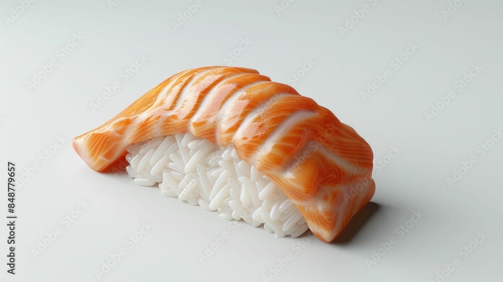 Detailed 3D rendering of a piece of sushi nigiri with fresh salmon isolated on a clean white background This food icon showcases the delicate ingredients and of traditional Japanese cuisine Detailed 3D rendering of a piece of sushi nigiri with fresh salmon isolated on a clean white background This food icon showcases the delicate ingredients and of traditional Japanese cuisine