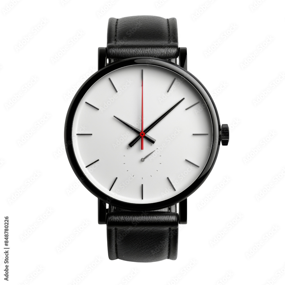 Close-up of an elegant black and white wristwatch featuring a minimalist design transparent background, PNG Close-up of an elegant black and white wristwatch featuring a minimalist design transparent background, PNG