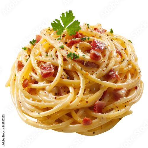 Close-up of a delicious spaghetti carbonara topped with crispy bacon bits and fresh herbs transparent background, PNG