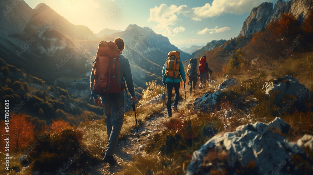 Obraz premium A candid photo of a family and friends hiking together in the mountains in the vacation trip week. sweaty walking in the beautiful american nature
