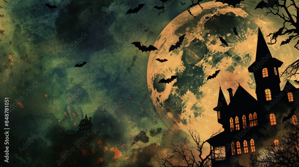 Close-up of a Halloween banner featuring a haunted house and bats flying across a full moon in a spooky night sky Close-up of a Halloween banner featuring a haunted house and bats flying across a full moon in a spooky night sky