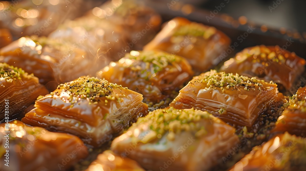 Delicious Baklava with Pistachios Close-Up Delicious Baklava with Pistachios Close-Up