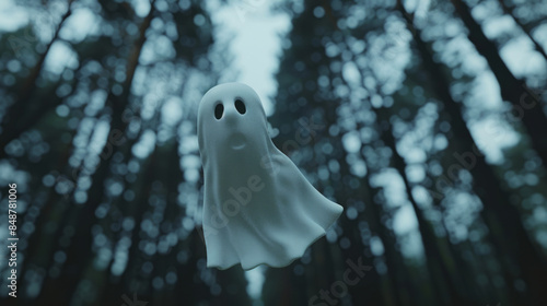 Close-up of a Halloween banner featuring a ghost floating in a dark forest, creating a spooky atmosphere photo