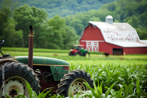 Close-up of a rustic country farm with a red barn, lush green fields, and tractors in the foreground photo